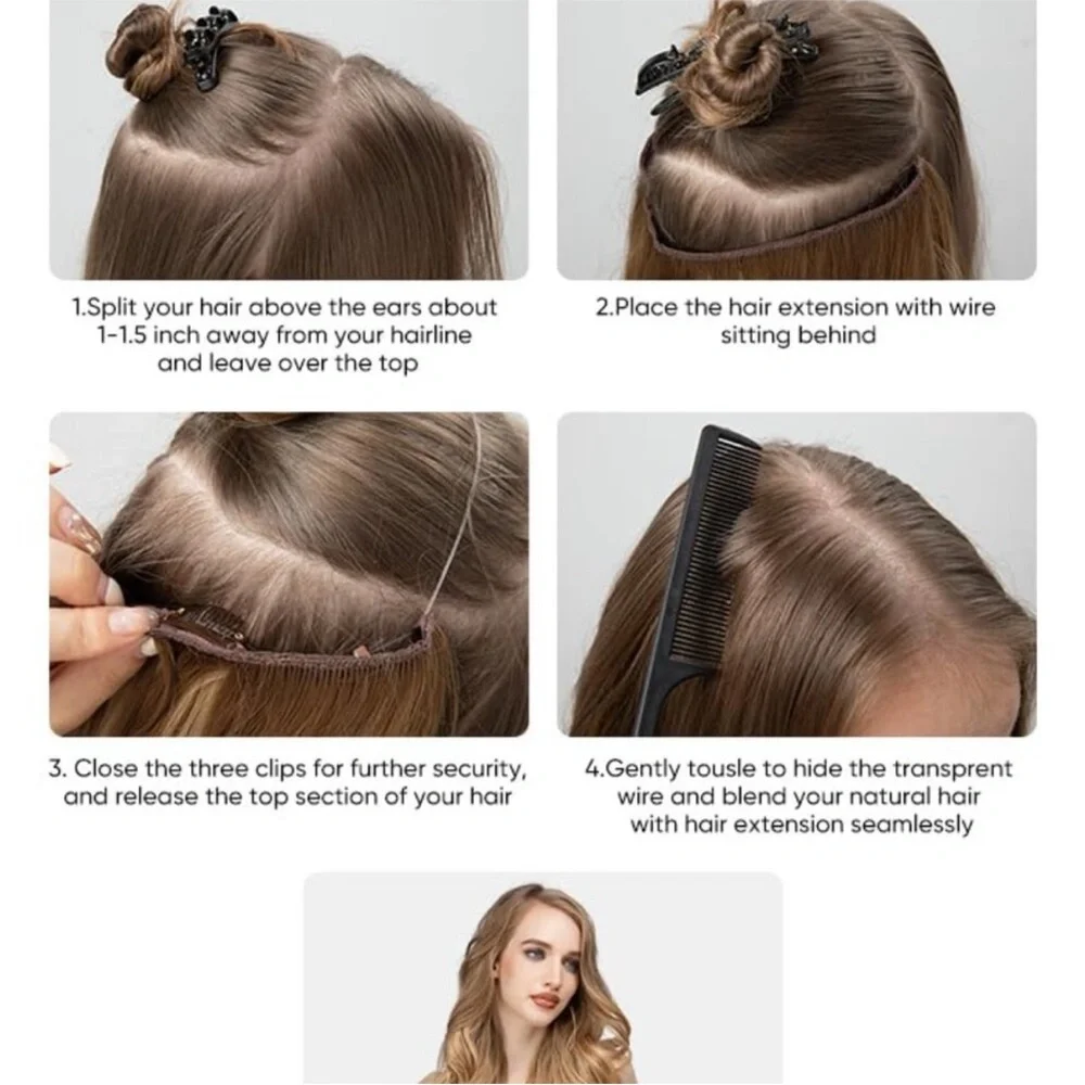 Invisible Wire Hair Extensions with 3 Clips Long Synthetic Wavy Curly Hairpiece